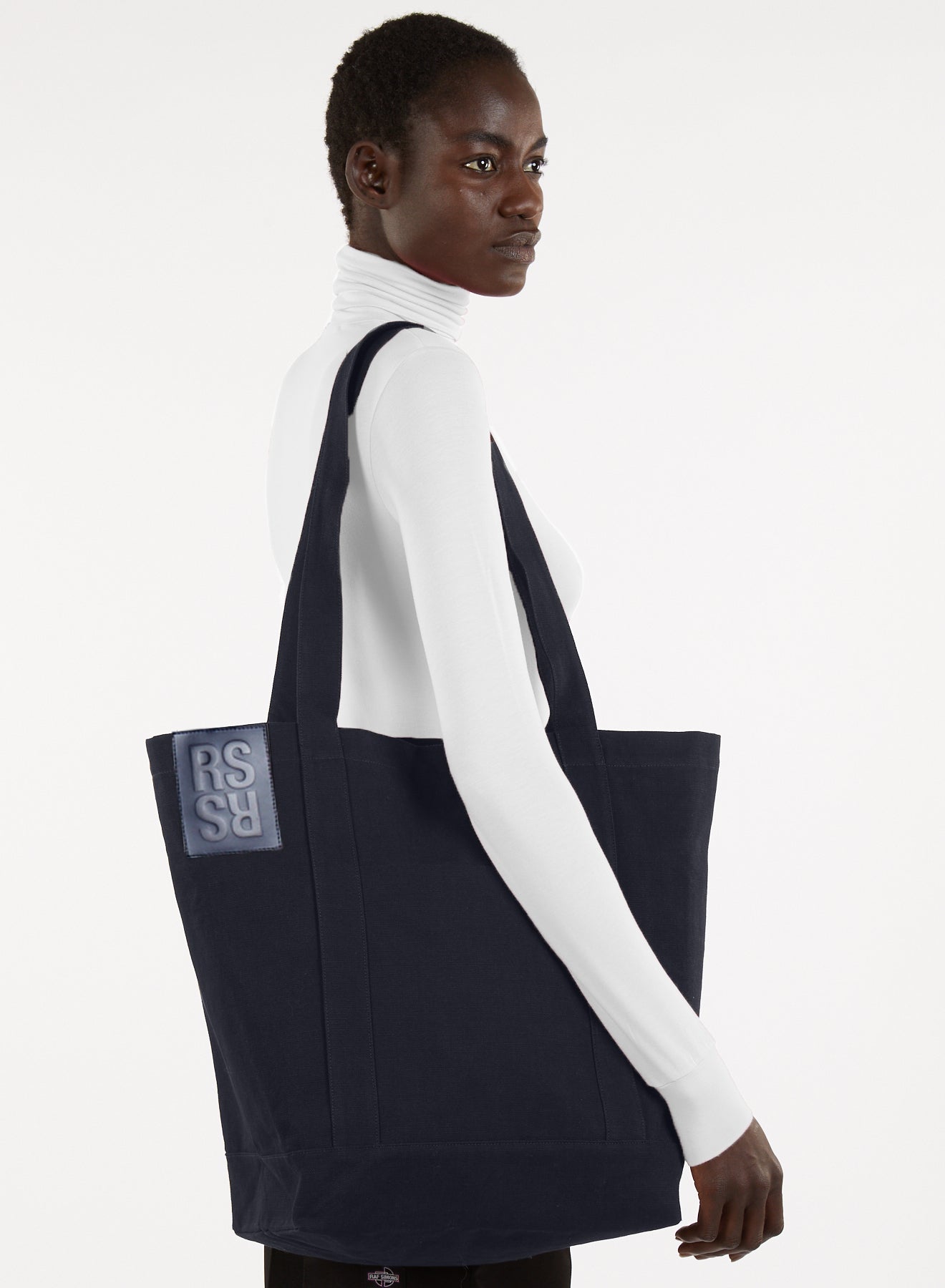 RAF SIMONS SMALL DENIM TOTE BAG WITH LEATHER BADGE – History of My 